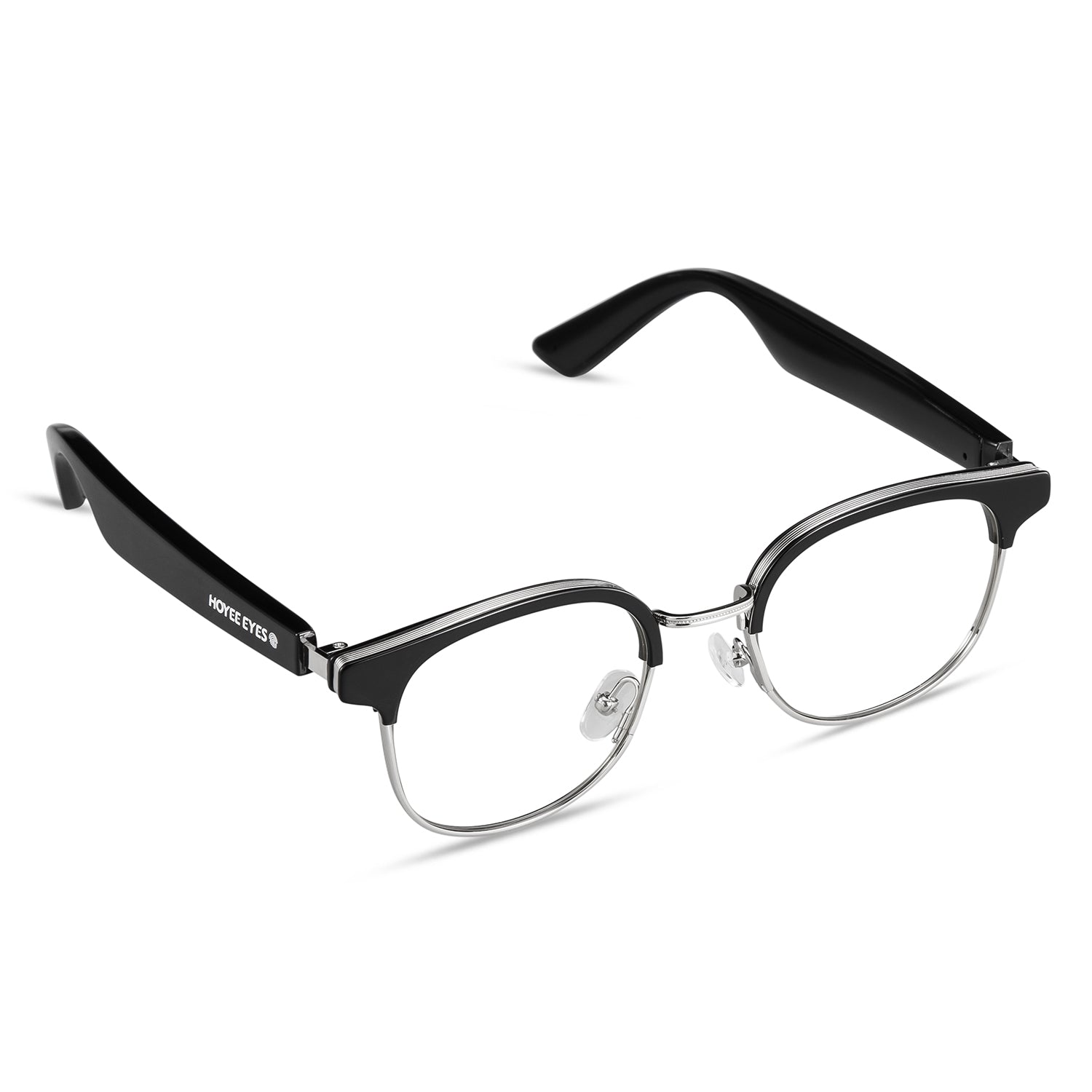 Smart Bluetooth Audio Eyeglasses, Open-Ear Silver Headset Glasses With Microphones, Noise Unisex Blue Light Blocking Lenses, Frame Canceling Browline